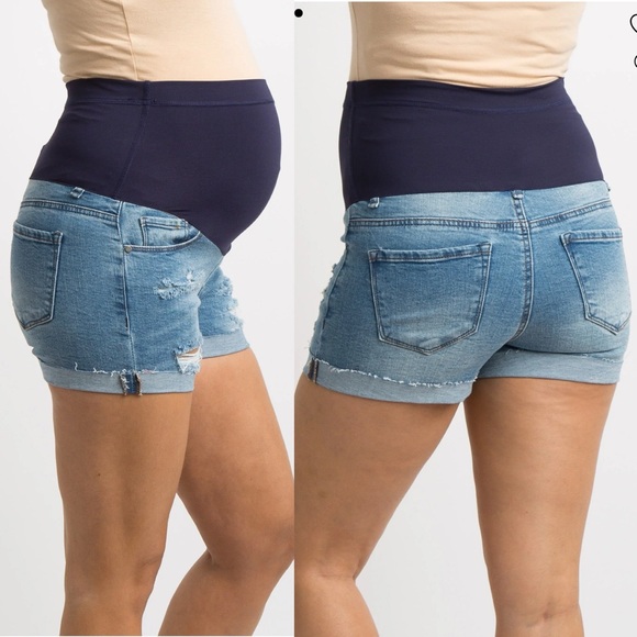 PinkBlush Light Blue Distressed Cuffed Hem Maternity Full Panel Jean Shorts - Picture 2 of 10
